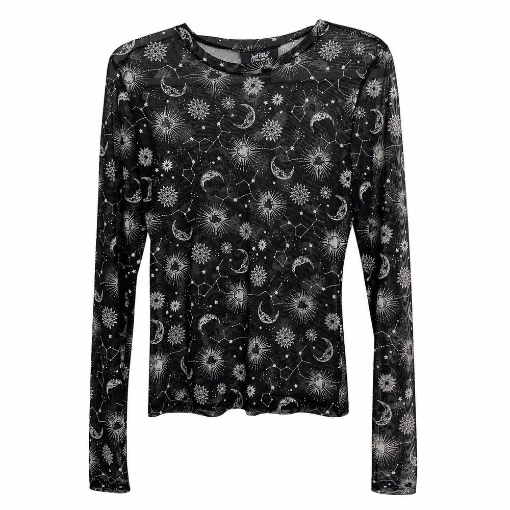 Just Polly New York M Celestial Mesh Top Sun Moon Stars Witchy Whimsygoth Y2K